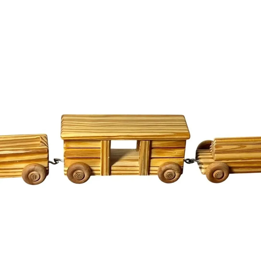 Wooden Train Set Kids Toy Wheeled Engine Cars Flatbed Caboose Wood Four Piece